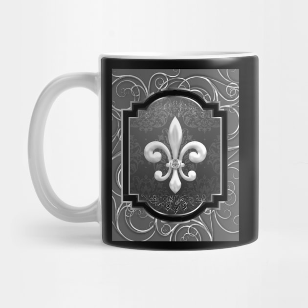 Fleur De Lis On Silver Swirls Mug,coffee mug,t-shirt,sticker,tote,bag,apparel,magnet,pin,hoodie,pillow by All Thumbs